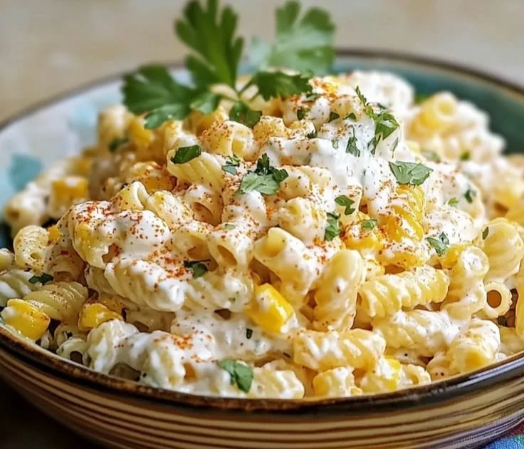 Serving of Tasty Elote Pasta Salad with Greek Yogurt in a bowl