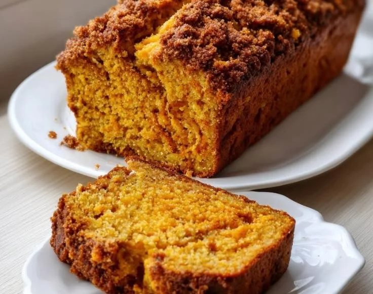 Homemade moist cottage cheese pumpkin bread loaf on a wooden table