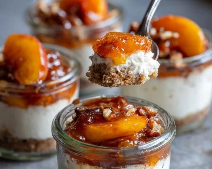 No-Bake Peach Cheesecake Cups served in clear dessert cups with fresh peach slices