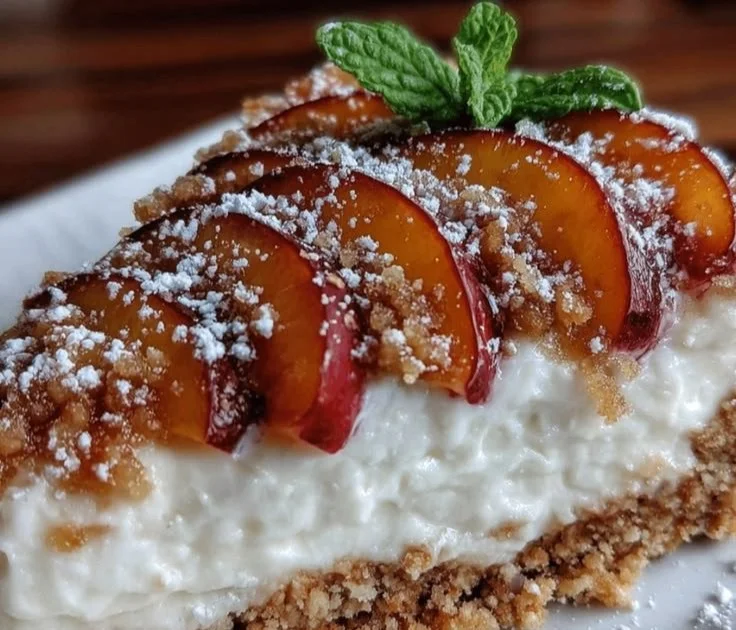 No-bake peach cheesecake topped with fresh slices of peach