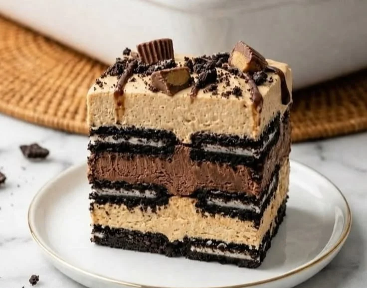 No Bake Peanut Butter Oreo Icebox Cake topped with chocolate drizzle and crushed Oreos