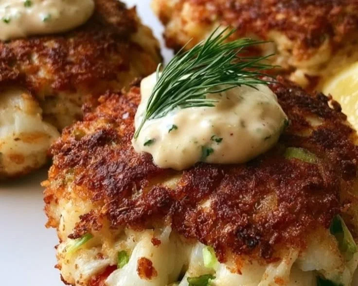 Delicious Old Bay crab cakes served on a plate with lemon and tartar sauce.