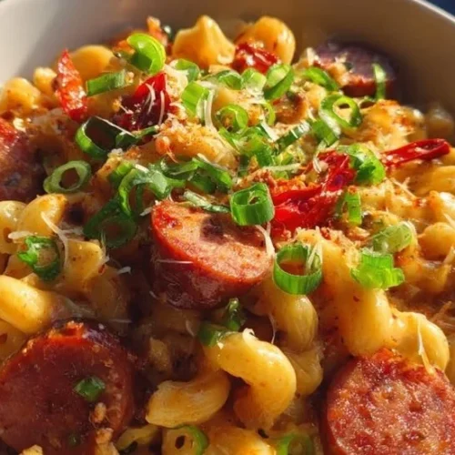 Creamy One Pot Garlic Butter Cajun Sausage Mac served in a bowl