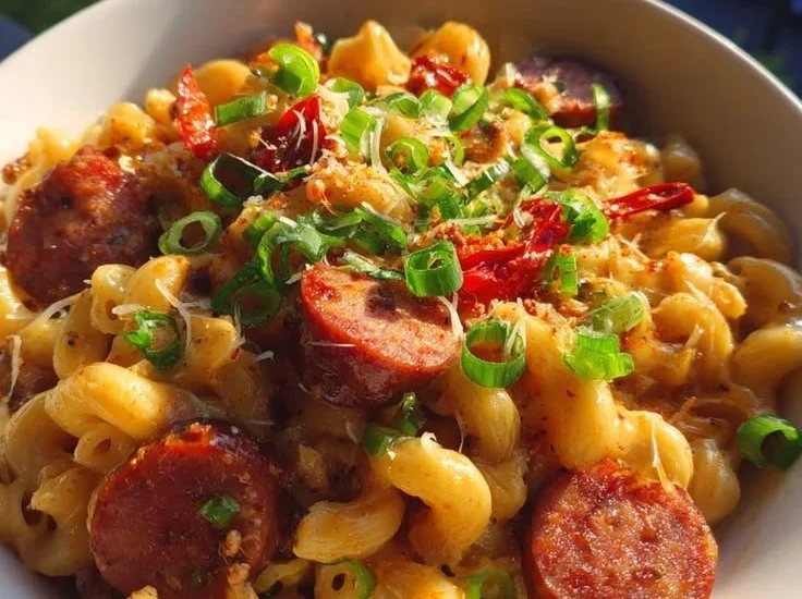 Creamy One Pot Garlic Butter Cajun Sausage Mac served in a bowl