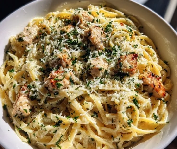 One Pot Garlic Parmesan Chicken Alfredo dish garnished with parsley