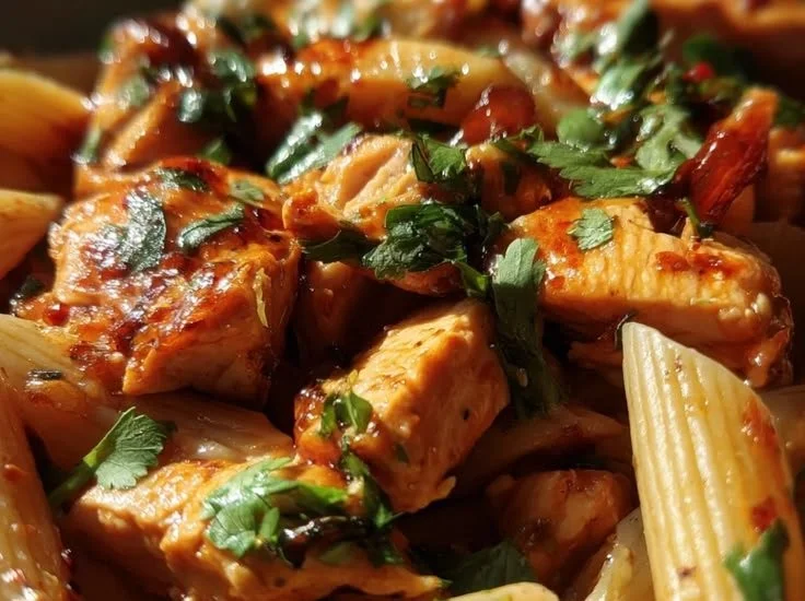 One Pot Sweet Chili BBQ Chicken Pasta served with fresh herbs