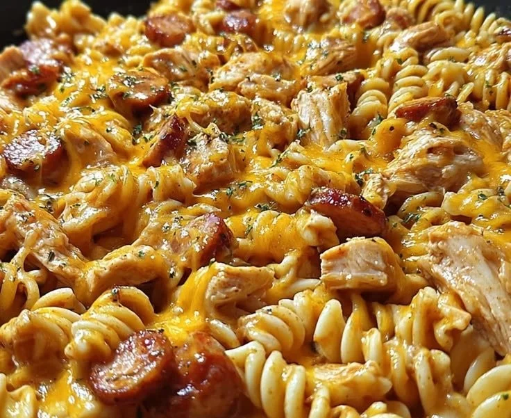 One-Skillet Creamy Smoky BBQ Chicken and Sausage Pasta dish