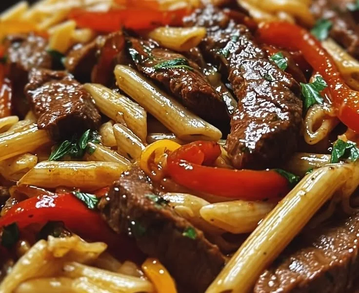 One skillet spicy honey steak served with pasta for a delicious meal.