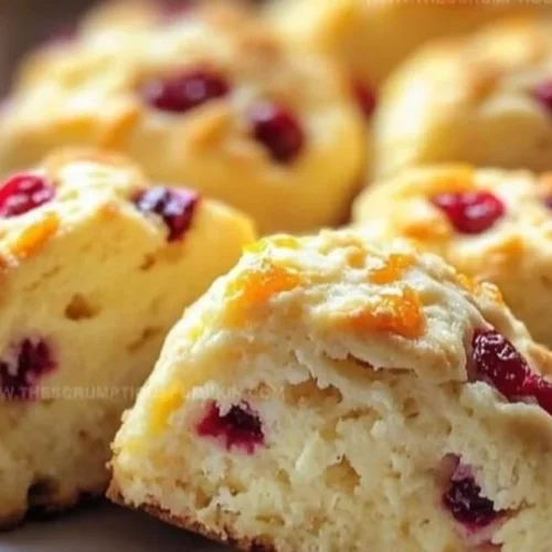 Freshly baked Orange Cranberry Cream Scones on a wooden table