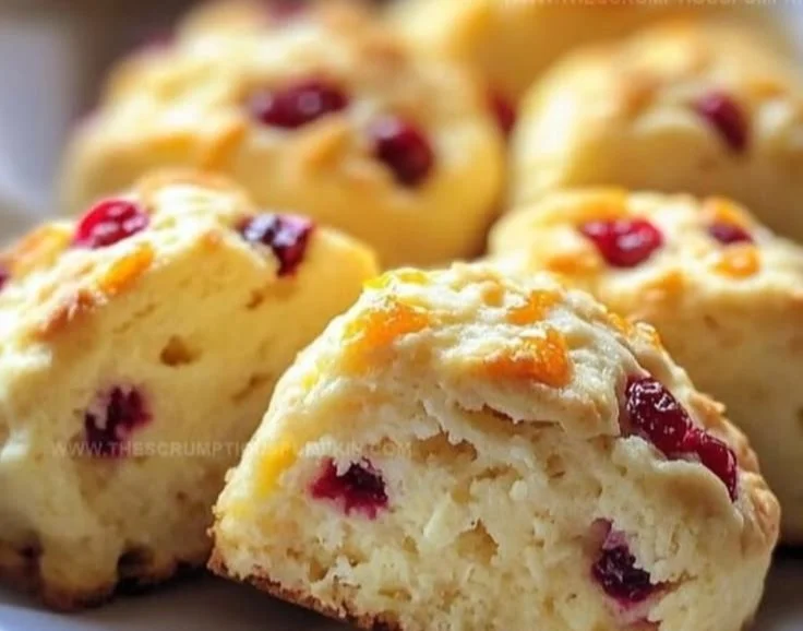 Freshly baked Orange Cranberry Cream Scones on a wooden table