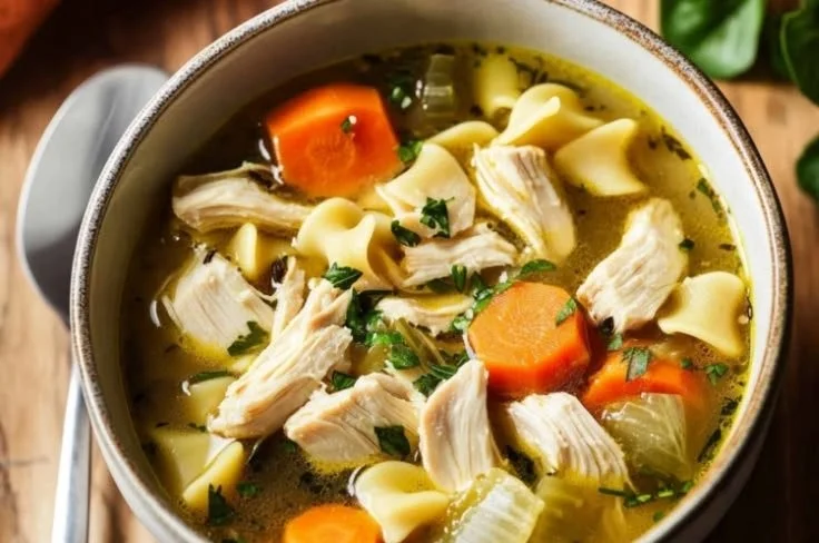 Delicious Panera-inspired chicken noodle soup in a bowl with fresh herbs