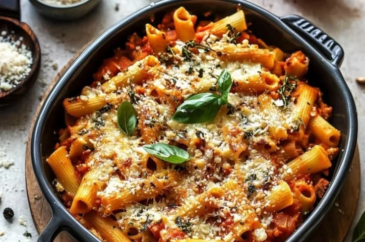Pasta bake with pumpkin tomato sauce served in a dish