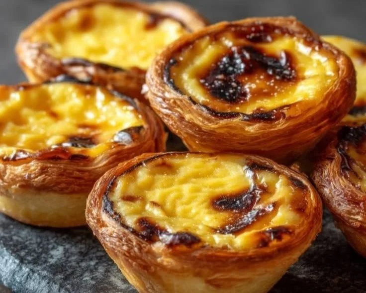 Delicious freshly baked Pastel de Nata, a traditional Portuguese custard tart.