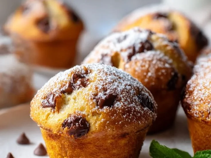 Freshly baked chocolate chip muffins on a wooden table