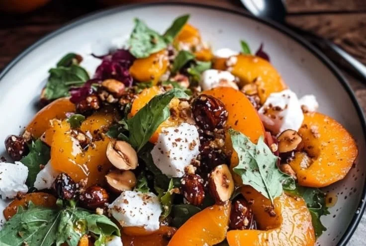 Persimmon salad topped with candied hazelnuts on a wooden table