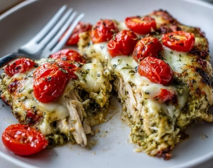 Pesto chicken tomato bake fresh out of the oven, ready to serve.