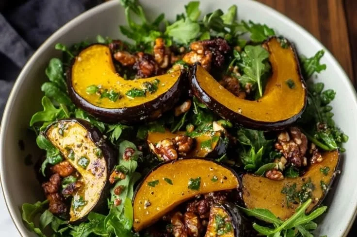 A colorful bowl of roasted acorn squash salad, topped with fresh greens and nuts