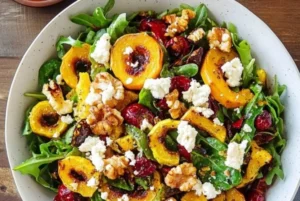 Roasted delicata squash salad with greens and nuts topped with a vinaigrette.