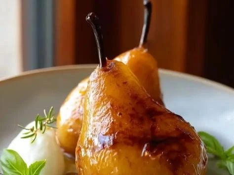 Delicious roasted pears served on a plate with caramel drizzle and nuts.