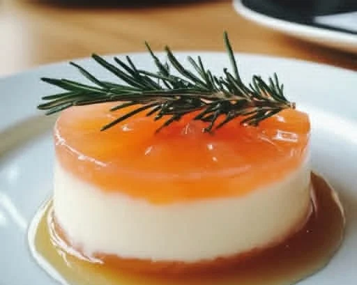 Rosemary honey panna cotta with grapefruit jelly served in elegant dessert dish