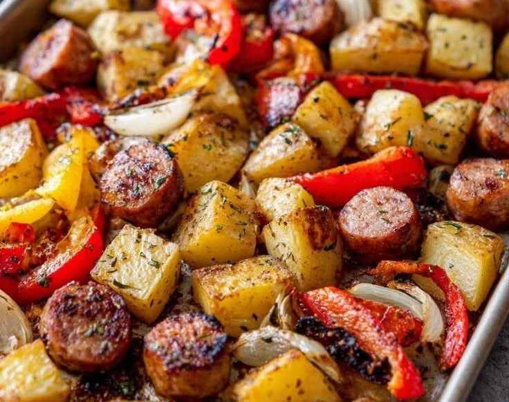 Delicious sausage and potato bake dish fresh out of the oven, ready to serve.
