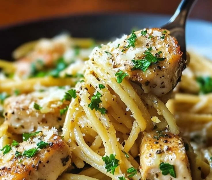Delicious garlic butter chicken pasta served in a bowl