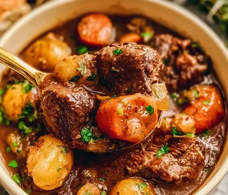 Delicious slow cooker beef stew with vegetables in a serving bowl