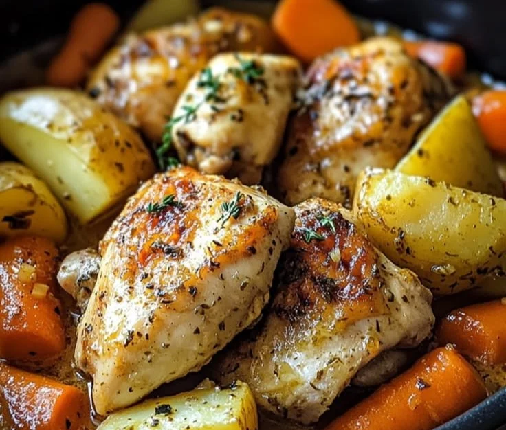Slow cooker garlic butter chicken served on a plate with herbs and spices