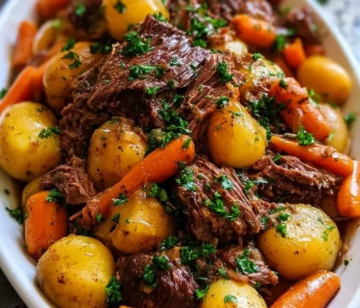 Slow cooker pot roast dish with vegetables and gravy