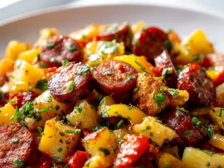 Plate of Smoked Beef Sausage Hash garnished with herbs
