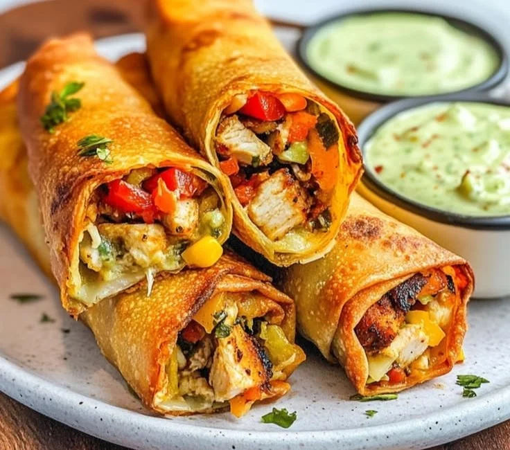 Crispy homemade Southwest egg rolls with dipping sauce on a plate.