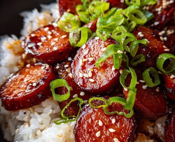 Sticky honey garlic sausage served over rice for a tasty dish.