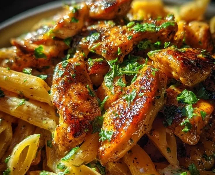 Delicious sticky smoky ranch honey chicken pasta dish served in a bowl.