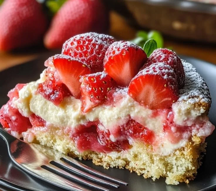 Delicious Strawberry Cheesecake Dump Cake ready to serve.