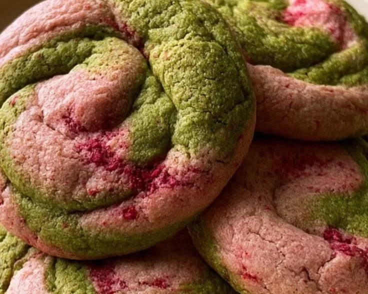 Bright strawberry matcha cookies arranged on a plate, showcasing their vibrant colors.