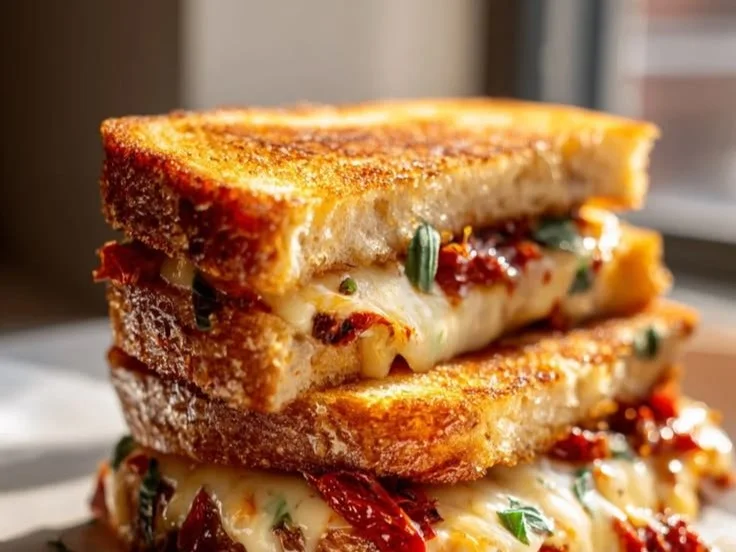 Sun Dried Tomato Grilled Cheese sandwich with melted cheese and fresh tomatoes