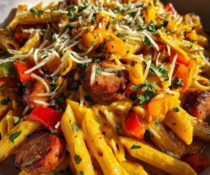 Delicious plate of honey BBQ sausage pasta topped with herbs