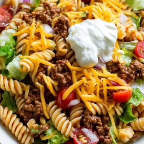 Taco Pasta Salad Dinner Bowl with colorful vegetables and toppings