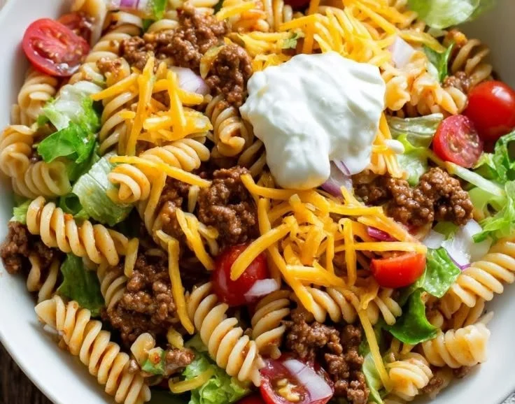 Taco Pasta Salad Dinner Bowl with colorful vegetables and toppings