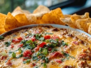 Delicious Texas Trash Dip served in a bowl with tortilla chips