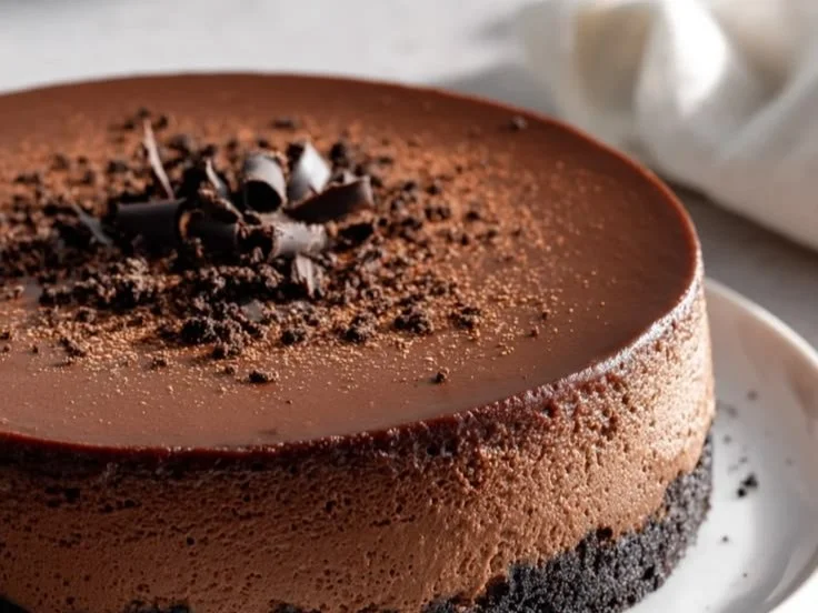 Delicious chocolate cheesecake with Oreo cookie crust topped with chocolate shavings.