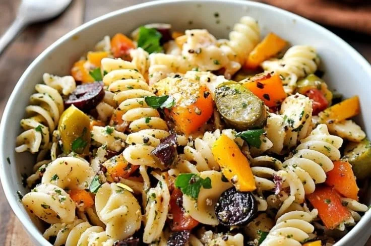 Colorful Vegan Fall Pasta Salad with seasonal vegetables and herbs