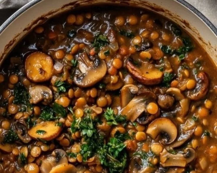 Bowl of vegan mushroom lentil stew topped with fresh herbs and served with bread.