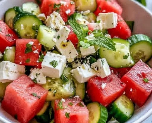 Refreshing watermelon salad with cucumber and feta cheese on a plate