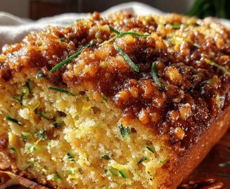 Sliced zucchini bread topped with brown butter streusel on a wooden table