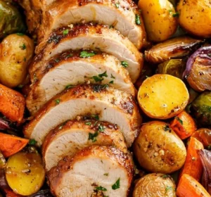 Baked apple cider pork tenderloin served with colorful roasted vegetables