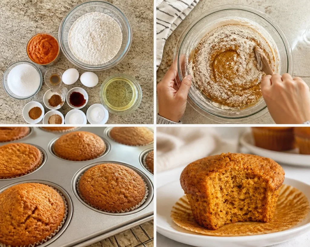 Freshly baked pumpkin muffins topped with spices, served on a rustic wooden table.