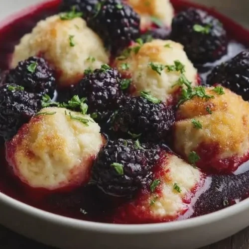 Bowl of homemade blackberries and dumplings dessert
