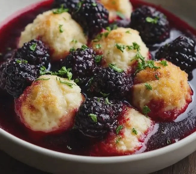 Bowl of homemade blackberries and dumplings dessert