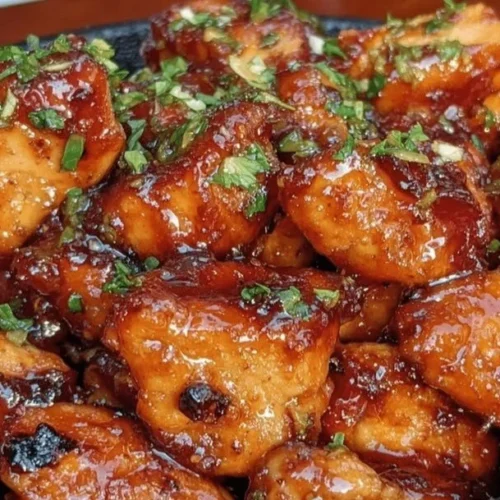Delicious Bourbon Chicken served on a plate with rice and vegetables.